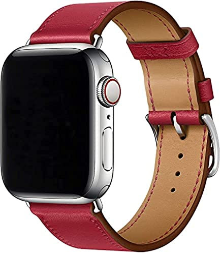 Fleshy Leaf Compatible Apple Watch Band Series SE 7 6 5 4 3 2 1 45mm 41mm 44mm 40mm 42mm 38mm, Genuine Leather Replacement Band for iWatch, Leather Apple Watch Strap Women Men (38mm/40mm/41mm, Red)
