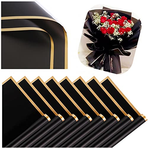 JOSON 60 Sheets Waterproof Phnom Penh Floral Wrapping Paper, Flower Shop Bouquet Supplies, DIY Craft, Gift Wrap or Gift Box Packaging, 23 x 23 Inches (Black)