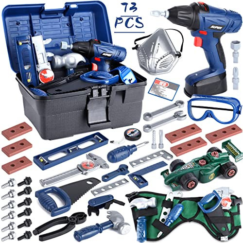 NCKIHRKK 73 Pièces Jouet Outil pour Enfants, Outils de Construction et Accessoires, malette outils enfant, Boite a Outil avec Perceuse Électrique, Outils de Travail Jouet, pour Enfant 3 Ans+