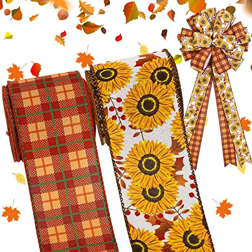 Whaline Herbst Thanksgiving Sonnenblume Drahtkante Band Vintage Herbst Stoffband 20 Yards Orange Plaids Floral Craft Ribbon Rustic Farmhouse Flower Wrapping Ribbon for Wreath Bows Craft Decor, 2 Roll