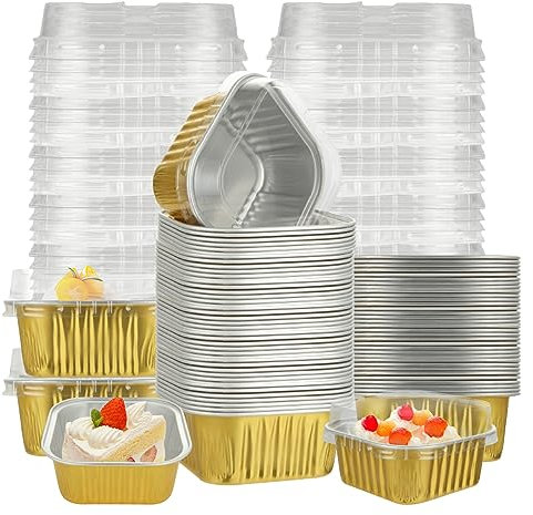 100 PCS Aluminum Foil Mini Baking Cups Square 5oz Individual Cake Pans With Lids, Disposable Cake Containers Small Loaf Pans Mini Cake Tins Gold Ramekins Cupcake Liner For Cheesecake Dessert Muffin