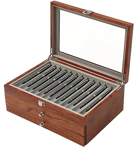 Füllfederhalter-Vitrine, Stifthalterbox, Stift-Sammler-Organizer-Box, abschließbar Füllfederhalter-Halter, Aufbewahrungsbox, für Füller Stifte Kugelschreiber Display Box, 34 Schlitze (Rosenholzfarbe)