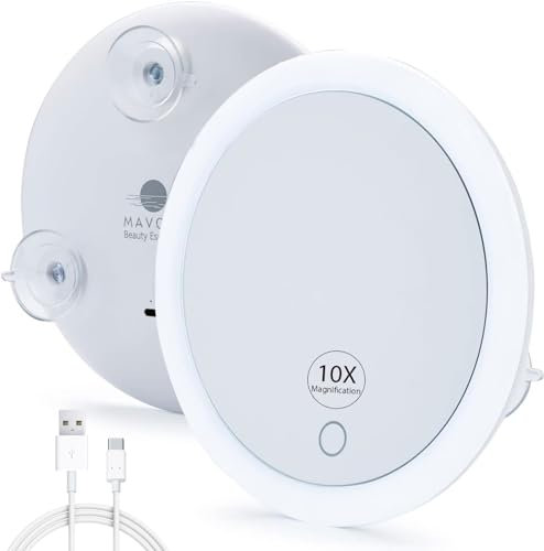 MAVORO Miroir grossissant Triple Ventouse avec lumière | Rechargeable | Miroir LED rétroéclairé grossissant 10x. Miroir de Maquillage éclairé Compact et Portable pour Salle de Bain ou Voyage | USB