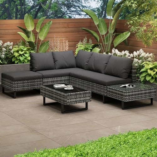 Merax Rattan Garden Furniture Sofa 5-Seater, Garden Corner Sofa with Coffee Table, Garden Entertaining Funiture Set with Side Desk Storage, Anti-UV Removable and Washable Cushions, Grey