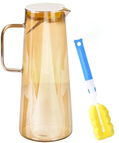 Hengsong Wasserkaraffe 1.8 Liter,Glaskaraffe mit Deckel,Wasserkrug Glas mit Auslauf,karaffe mit Untersetzer&Bürste,Glaskrug für Getränke der Meisten Arten,Amberfarbe,Höhe 270mm