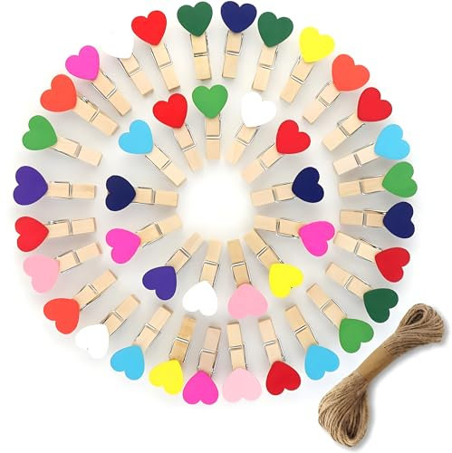 SHSHbuy Mini Pinces à Linge en Bois,100 Pièces Pinces de Photo de Cœur,Mini Clips de Photo Décoratives Petite pour Vêtements Photos Loisirs Créatifs DIY Scrapbooking 3,5cm