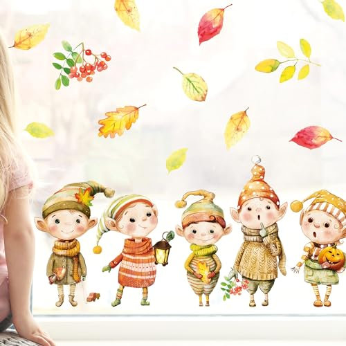 Wandtattoo Loft Fensterbild Herbst niedliche Wichtel mit Blättern herbstliche Fensteraufkleber Fensterdeko Deko, 1. A4 Bogen