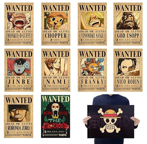 MIFKLMV 11pcs Anime Collage Kit, Kraft Paper Posters (40cm*28.5cm), Luffy Pirate Wanted Poster for Walls Decor