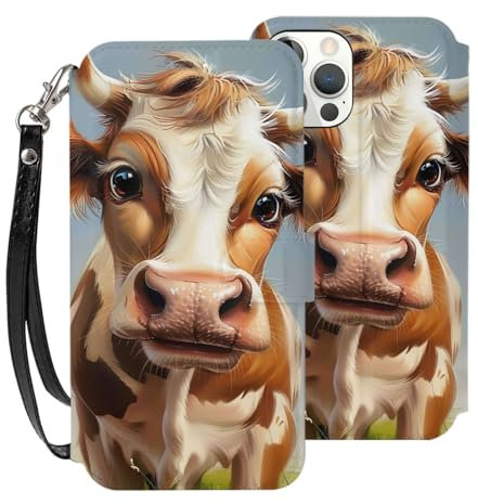 Jcvotrel Cute Cow Printed Wallet Case For iPhone 12 Pro 6.1-Inch, Leather Shockproof Flip Phone Case Cover With Card Holder And Wrist Strap White