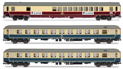 Rivarossi HR4349 DB, 3er-Pack Nachtzug Luna, Barwagen WGmh 854 in rot-Beiger Lackierung 2 x Bcm 246 in ozeanblauer Lackierung, Ep; iV Personenwagen