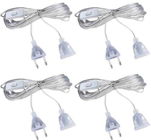 GAOUTO 4 Stück Verlängerungskabel Transparent, 5M 220V Extrem Dünne Flache Kabel, Transparent Eurostecker Verlängerung mit Schalter und Stecker für LED-Laternen und Den Außenbereich