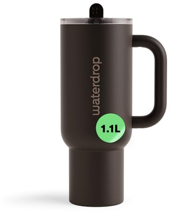 waterdrop® Thermobecher mit Strohhalm 1,1L – Auslaufsichere, robuste Trinkflasche mit aufklappbarem Trinkhalm, Hält 12h kalt, Trinkbecher mit Deckel, isolierte Edelstahlflasche