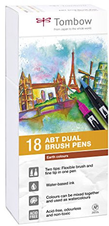 Tombow ABT-18P-3 Fasermaler Dual Brush Pen mit zwei Spitzen 18er Set, erdfarben