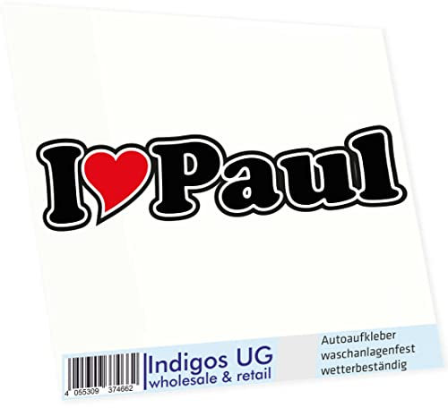 INDIGOS UG Auto Aufkleber I Love Paul 15 cm - Autoaufkleber - KFZ Sticker selbstklebend - für Motorrad, Fenster oder Heckscheibe - wetterfest & UV-beständig Sticker mit Namen von Mann Frau Kind