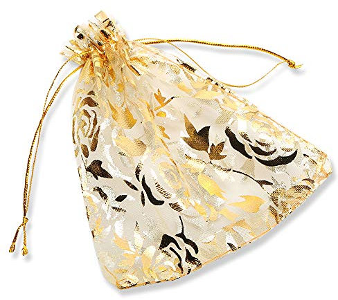 YFZYT Lot de 100 sacs cadeaux en organza pour fête de mariage, pochettes d'emballage de bijoux, sacs en organza transparents avec motif rose bronzée pour fête, cadeau de mariage – 13 x 18 cm, doré