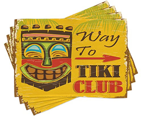 ABAKUHAUS Tiki Bar Placemats, Way to Tiki Club, Washable Fabric Dining Room Kitchen Table Decoration Digital Print, Dark Yellow