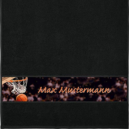 Manutextur Handtuch mit Namen - Personalisiert - Motiv Sport Basketball - Viele Farben - Dusch-Handtuch - Schwarz - Größe 50x100 cm - Persönliches Geschenk mit Wunsch-Motiv und Wunsch-Name