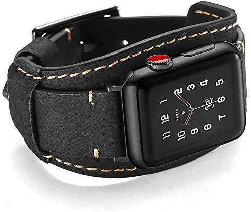 Coobes Compatible with Apple Watch Strap 49mm 45mm 44mm 42mm,Genuine Leather Band Cuff Bracelet with Buckle Compatible iWatch Ultra Series 9/8/7/6/5/4/3/2/1 SE SE 2 for Men Women(49/45/44/42mm, Black)