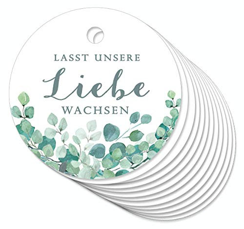 24 Anhänger Lasst unsere Liebe wachse mit Eukalyptus in Grün Hängeetiketten Geschenkanhänger Glas Papieranhänger Hangtag Etiketten Gastgeschenke Hochzeit Marmelade Selbstgemachtes 4cm rund matt