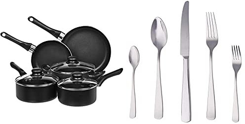 Amazon Basics Juego de Utensilios de Cocina antiadherentes, 5 Piezas + – Juego de cubertería de Acero Inoxidable de 20 Piezas con Borde Cuadrado, Servicio para 4