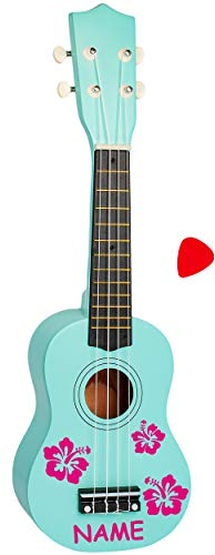 alles-meine.de GmbH Kinder - Gitarre/Ukulele - aus Holz - Motiv & Farbwahl - türkis blau & Blumen & Blüten pink - inkl. Name - hochwertige Konzertgitarre - 55 cm - Klassik - ak..