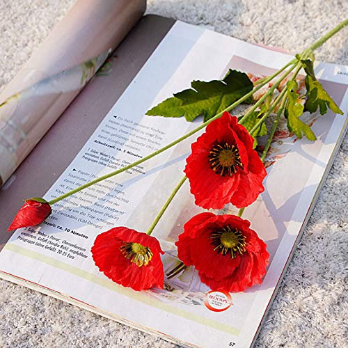 Pectt 6 Stück künstliche rote Mohnblumen, fühlt sich echt an, PU Mohnblumen, Seidenmohnblumen, lange Stiel, Blumen für Hochzeit, Urlaub, Brautstrauß, Heim-Party-Dekoration