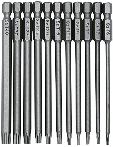 Fixinus Juego de brocas de destornillador de cabeza Torx de 11 piezas, vástago hexagonal magnético de 1/4 pulgadas S2 de acero de 4 pulgadas de largo, brocas Torx de seguridad T6-T40