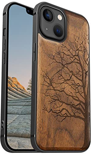 Carveit Magnetisch Hülle für iPhone 13 [Elegante Walnuss] [Weich TPU Stoßstange] Stoßfeste Handyhülle Kompatibel mit 13 Magsafe Hülle Holz （Ewiger Baum）