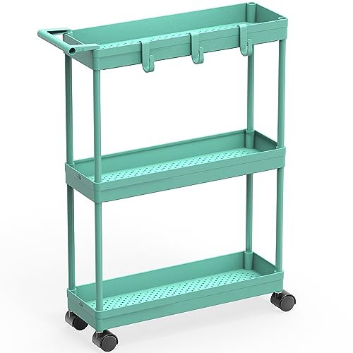 Simple Houseware Küchenwagen Mit 3 Ebenen, Schmale Regale Mit Griff, 66,5 cm Höhe/14 cm Breite für Enge Stellen, Türkis