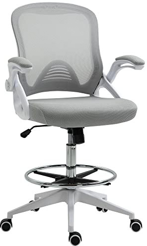 Vinsetto Fauteuil de Bureau Chaise de Bureau Assise Debout Hauteur réglable Repose-Pieds accoudoir Rabattable pivotant 360° Maille Respirante dim. 64L x 60l x 106-126H cm Gris et Blanc