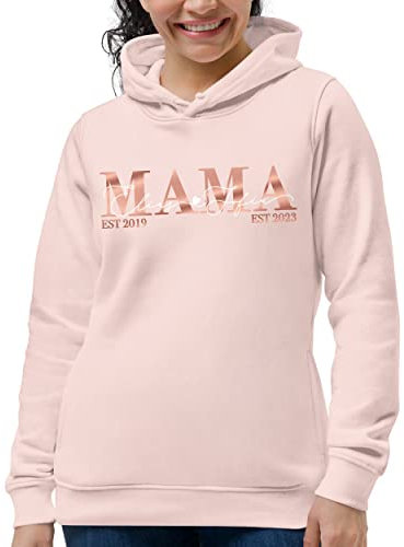 MAMAHUHU Mama Pullover Rosa mit Kapuze 2 Kindernamen, Damen Hoodie Kapuzenpullover Pink 1-3 Kinder Namen Geburtsjahren, Frauen Pulli Baumwolle Muttertagsgeschenk, Outfit für Frühling Herbst