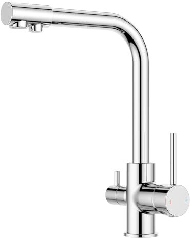 FORIOUS Wasserhahn Küche, 3 Wege Wasserhahn Mischbatterie Küche, Zweigriffige Spülarmaturen mit Trinkwasserauslauf und 360°Schwenkbarkeit, Polierter Chrom