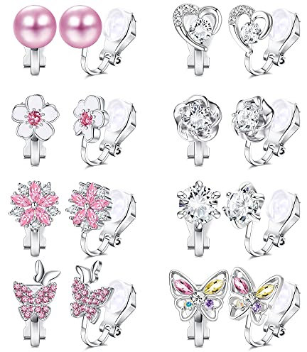 YADOCA 8 Paar Ohrclips für Damen Mädchen Clip Ohrringe Rosa Lila Herz Perle Blumen Schmetterling Ohrring Hypoallergene Ohrclips Damen Ohne Ohrlöcher für Kinder Mädchen