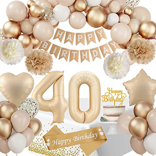 40 Geburtstag Deko Frauen, Deko 40 Geburtstags Frauen, Geburtstagsdeko Beige Gold Ballon Deko mit Happy Birthday Girlande Geburtstagsschärpe Tischdecke Pompons für 40. Geburtstag Frauen