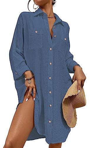 Bsubseach Femme Chemise de Plage Robe Bikini Cover Up Cache Maillot de Bain Pareo Plage Chemisiers Été Manches Longues Outwear Bleu Aérien S