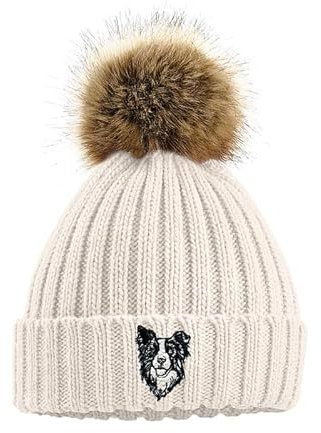 The House Of Dog: Border Collie Mütze mit Bommel aus Kunstfell, super weich, Unisex, bestickt, hellbeige, One size