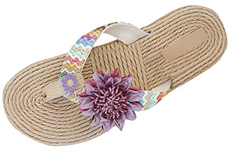 Femmes Tongs à la Mode été Nouveau modèle intérieur et extérieur polyvalence Paille tissé Fleur Sandales antidérapant Plage Sandales Plate-Forme pour Femmes Talons Sexy (Purple, 38)