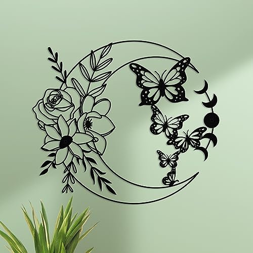 ruelen Moon Butterfly Metal Wall Decor, Boho Wall Art, Flower Wall Art for Indoor Living Room Bedroom and Outdoor Garden Yard Fence Decoration (Moon Butterflies)