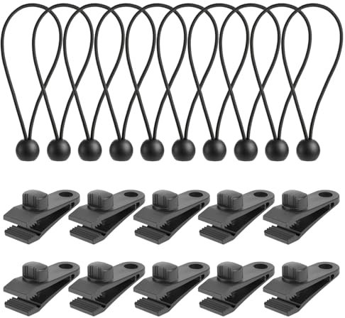 Tarp Clips Heavy Duty Lock Grip, 10 Set Tarpaulin Clips and Clamps with Tarpaulin Ties, Weather Resistant Tie Down Strap 4mm Thickness for Camping, Tents, Cargo