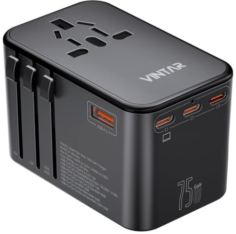 VINTAR 75W GaN Reiseadapter Weltweit, Fast Charge Universal Reisestecker Adapter mit 3 USB C und 1 USB A, Travel Adapter für EU USA UK Italien Japan Thailand Australien Kanada, Schwarzgrau