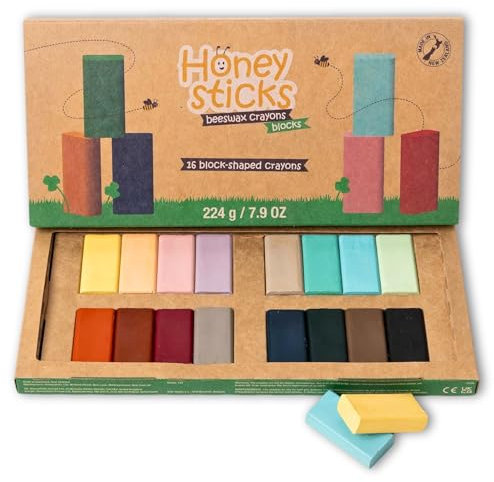 Honeysticks Blockkreiden (16er-Pack), ungiftige Buntstifte für Kinder, Kleinkinder, aus reinem Bienenwachs und lebensmittelechten Farben, langlebige Jumbo-Balstifte zum Zeichnen, Färben