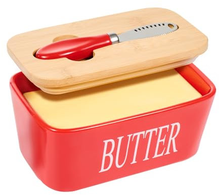 Rdipsie Large Butter Dish,Ceramic Butter Dish with lid and knife,quality Silicone Sealing Butter Dishes is Good for Kitchen Baking and Gift,Red…