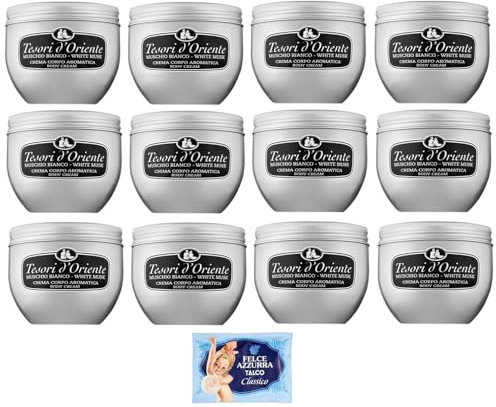 12er-Pack Tesori d’Oriente Crema Corpo Muschio Bianco,Körpercreme Weißer Moschus,300ml + 1er-Pack Kostenlos Felce Azzurra Talkumpuder, 100g-Beutel