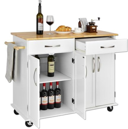 KOMFOTTEU Küchenwagen Kücheninsel mit Arbeitsplatte, Servierwagen Holz mit abschließbaren Rädern, Küchentrolley mit 2 Schubladen/Handtuchhaltern/Doppeltür, Küchenschrank Kücheninselwagen (Weiß)