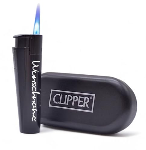Vienberg Clipper Jet Flamme Personalisiertes Strumfeuerzeug Metall, inkl. Geschenkbox & Wunschgravur | Farbe: Schwarz | Feuerzeug Wunsch Gravur | Wunschtext Wunschname Feuerzeug Geschenk Idee