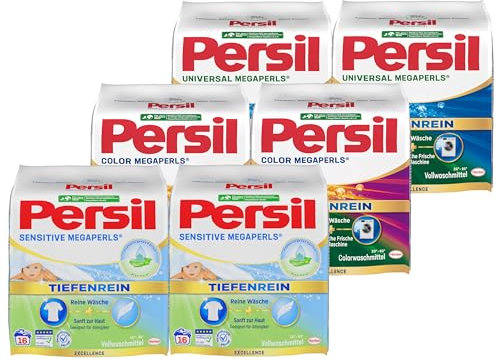 Persil Set 2x Universal & 2x Color & 2x Sensitive Megaperls Tiefenrein 48 Waschladungen (3x 16WL), Voll- und Colorwaschmittel & für Allergiker, sensible Haut, 20 °C bis 95 °C, ECARF-zertifiziert