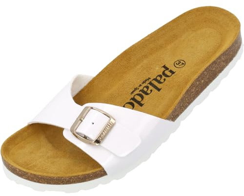 Palado Pantoletten Damen Malta Lack – gefertigt in Spanien – Glänzendes Obermaterial – EVA-Sohle – Veloursleder-Decksohle – Weichfußbett Weiß UK6 - EU39