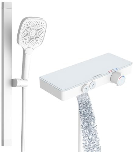 Rainsworth Système de douche, avec thermostat et étagère en verre, blanc, 3 types de jet, barre de douche en aluminium de 60 cm