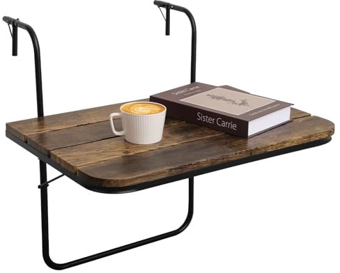 FEUFOAM Balcony Railing Table Outdoor Folding Hanging Table Adjustable Wood Balcony Bar Table for Railings Space Saving Railing Serving Table for Baluster Garden Patio Brown