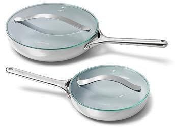 Caraway Ceramic Fry Pan Duo with Glass Lids - Non-Stick Frying Pans (10.5” & 8”) - Non Toxic, PTFE & PFOA Free - Oven Safe & Compatible with All Stovetops – Gray